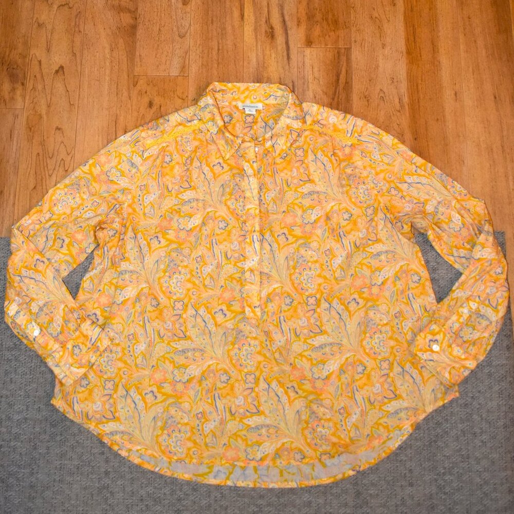 Sundance Yellow Floral Print Collared Henley Style Tunic Shirt Sz LP‎